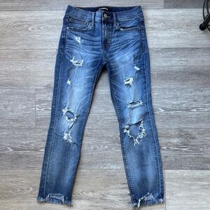Express Women’s Skinny Ankle Mid Rise Jeans — Distressed Medium Blue Wash